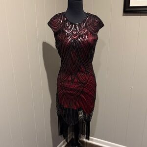 Red Sequin & Fringe Mini Dress with Black Beaded Accents